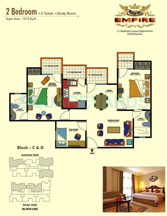 Floor plan of 2 BHK 1215 Sq. Ft. Apartment in Amrapali Empire, Ghaziabad