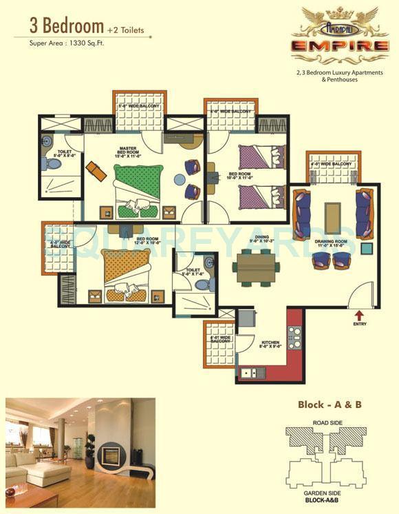 Floor plan of 3 BHK 1330 Sq. Ft. Apartment in Amrapali Empire, Ghaziabad