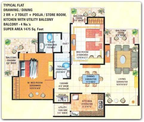 Floor plan of 2 BHK 1475 Sq. Ft. Apartment in Amrapali Royal, Ghaziabad