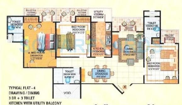 Floor plan of 3 BHK 1800 Sq. Ft. Apartment in Amrapali Royal, Ghaziabad