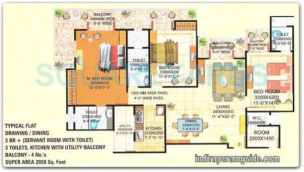 Floor plan of 3 BHK 2050 Sq. Ft. Apartment in Amrapali Royal, Ghaziabad
