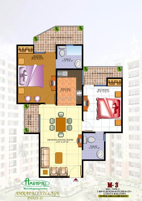 Floor plan of 2 BHK 1300 Sq. Ft. Apartment in Amrapali Village II, Ghaziabad