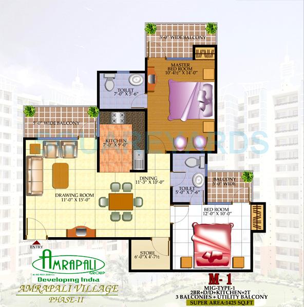 Floor plan of 2 BHK 1425 Sq. Ft. Apartment in Amrapali Village II, Ghaziabad