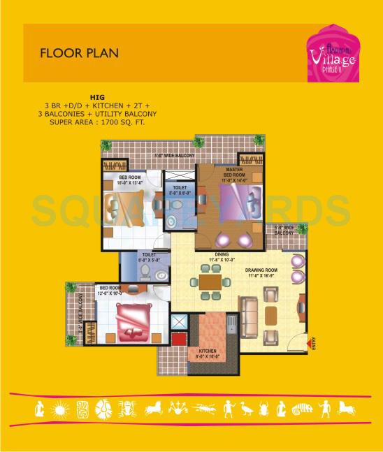 Floor plan of 3 BHK 1700 Sq. Ft. Apartment in Amrapali Village II, Ghaziabad