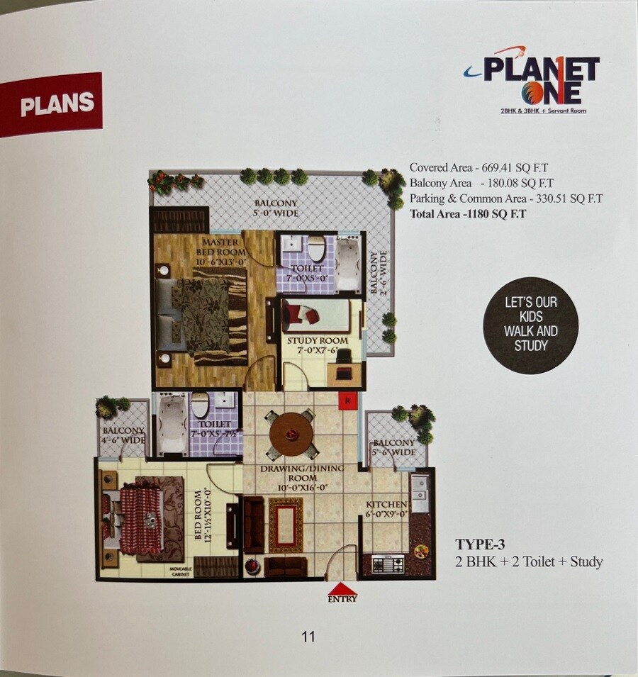 Floor plan of 2 BHK 1180 Sq. Ft. Apartment in Andromida Planet One, Ghaziabad