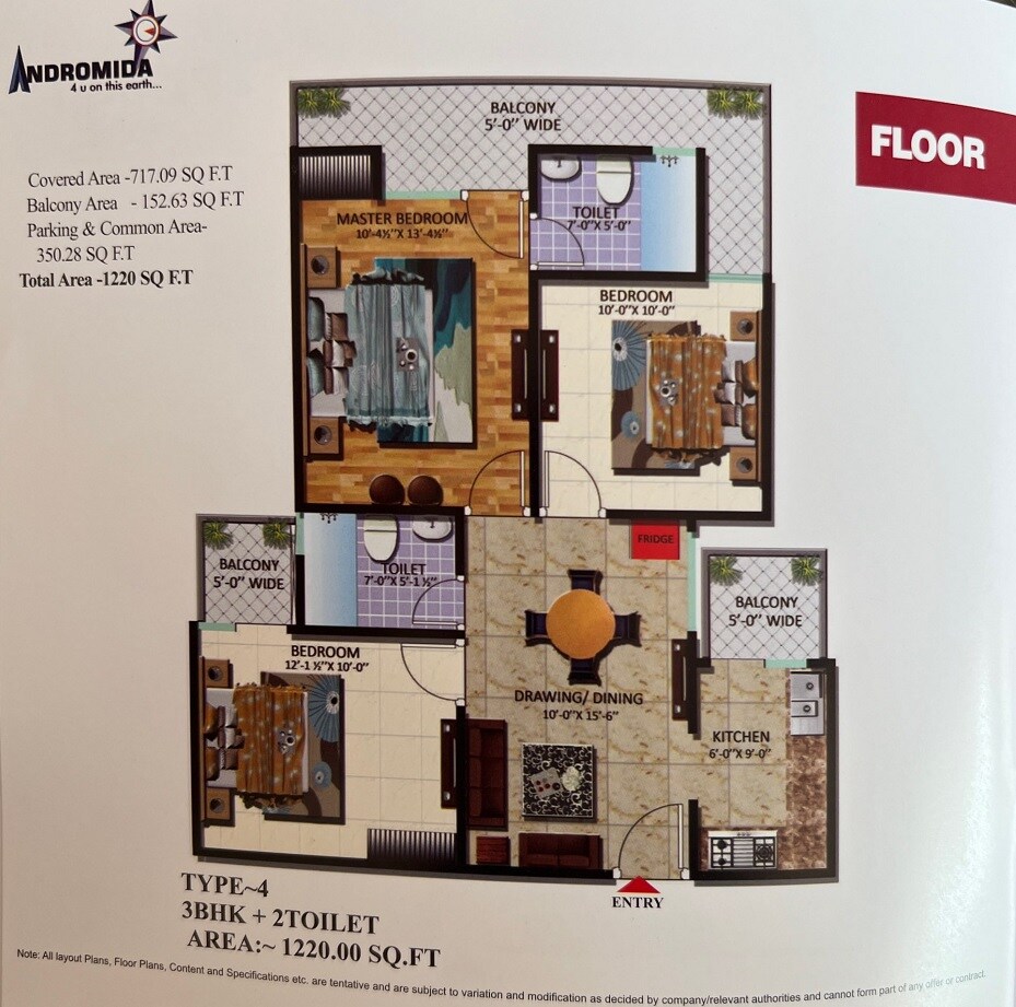 Floor plan of 3 BHK 1220 Sq. Ft. Apartment in Andromida Planet One, Ghaziabad