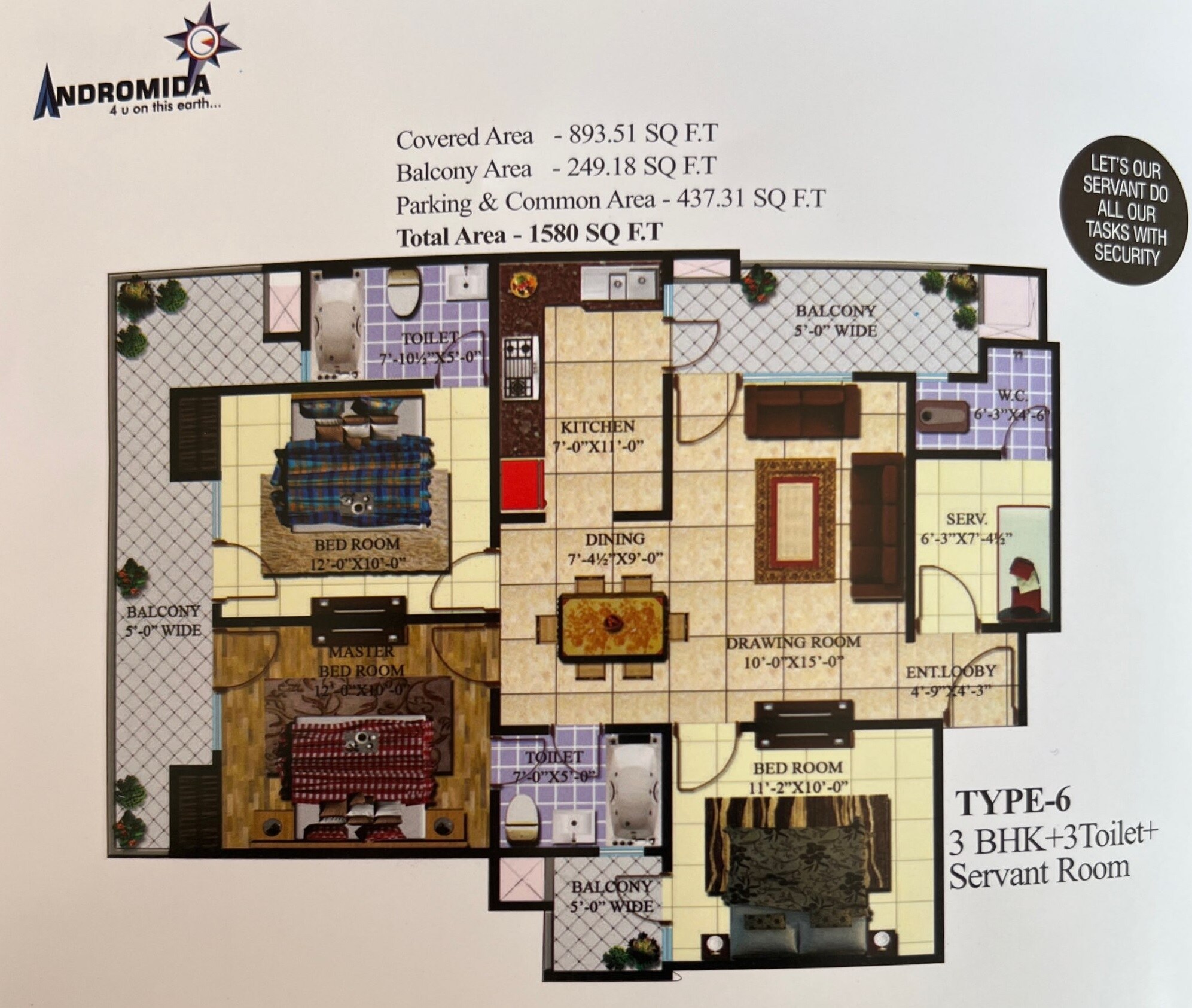 Floor plan of 3 BHK 1580 Sq. Ft. Apartment in Andromida Planet One, Ghaziabad