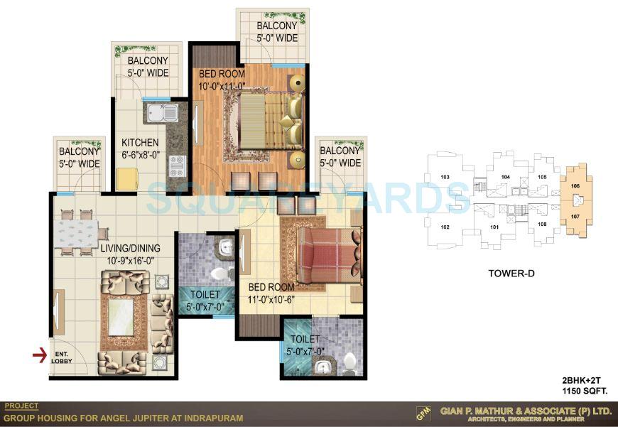 Floor plan of 2 BHK 1150 Sq. Ft. Apartment in Angel Jupiter, Ghaziabad