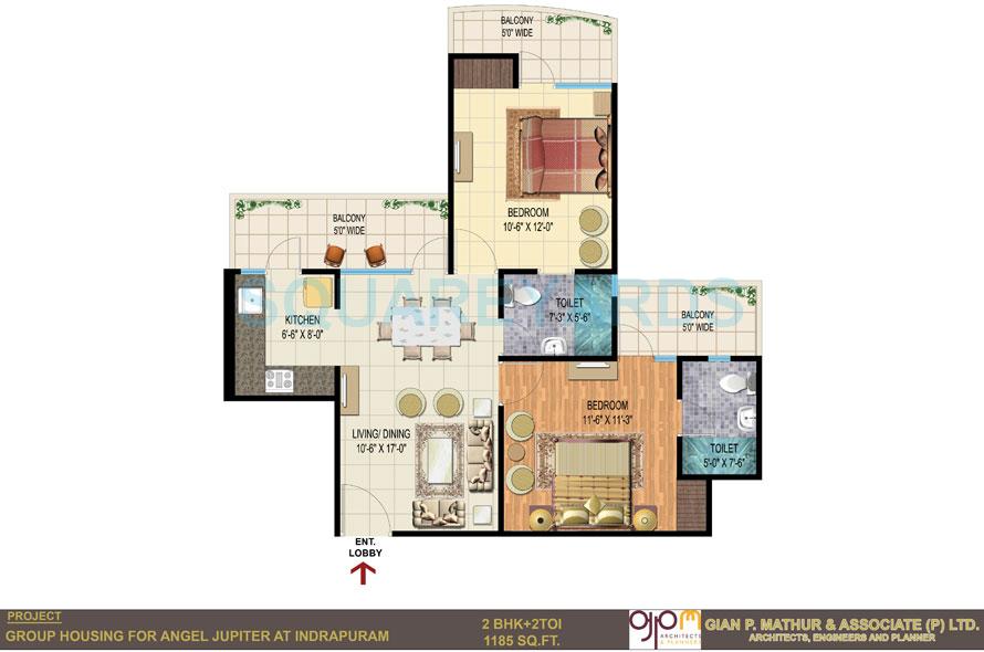 Floor plan of 2 BHK 1185 Sq. Ft. Apartment in Angel Jupiter, Ghaziabad