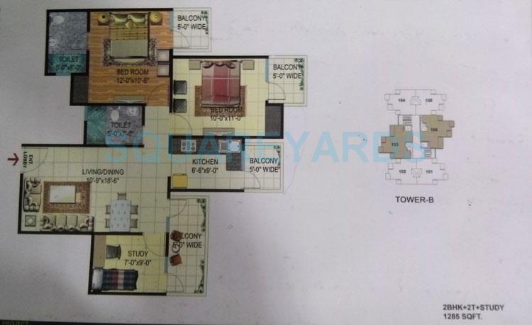 Floor plan of 2 BHK 1285 Sq. Ft. Apartment in Angel Jupiter, Ghaziabad