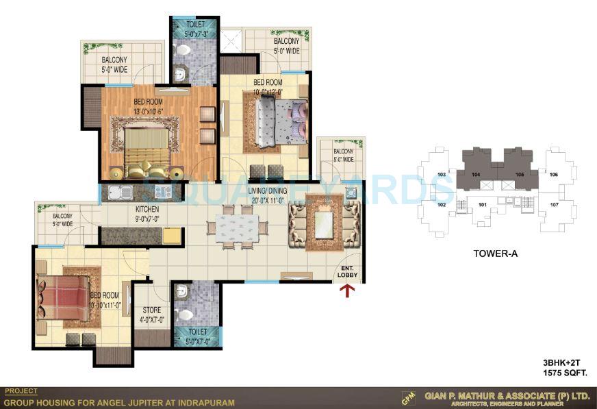 Floor plan of 3 BHK 1575 Sq. Ft. Apartment in Angel Jupiter, Ghaziabad