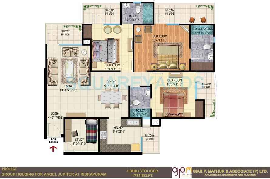 Floor plan of 3 BHK 1785 Sq. Ft. Apartment in Angel Jupiter, Ghaziabad