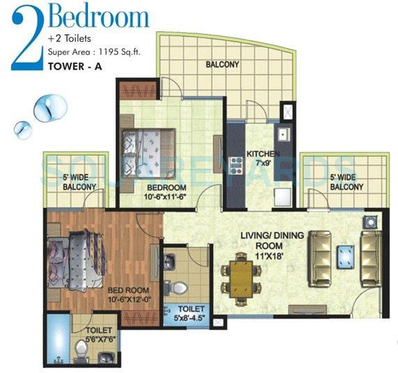 Floor plan of 2 BHK 1195 Sq. Ft. Apartment in Angel Mercury, Ghaziabad