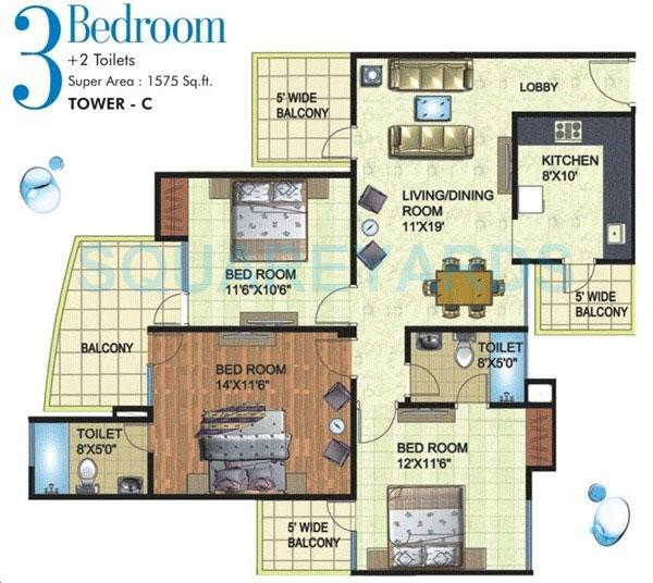 Floor plan of 3 BHK 1575 Sq. Ft. Apartment in Angel Mercury, Ghaziabad