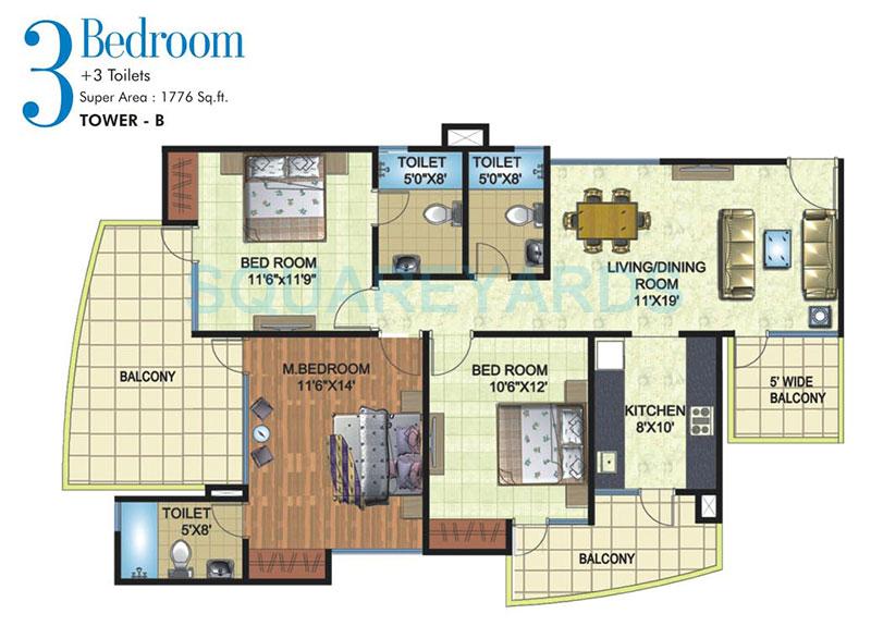 Floor plan of 3 BHK 1776 Sq. Ft. Apartment in Angel Mercury, Ghaziabad