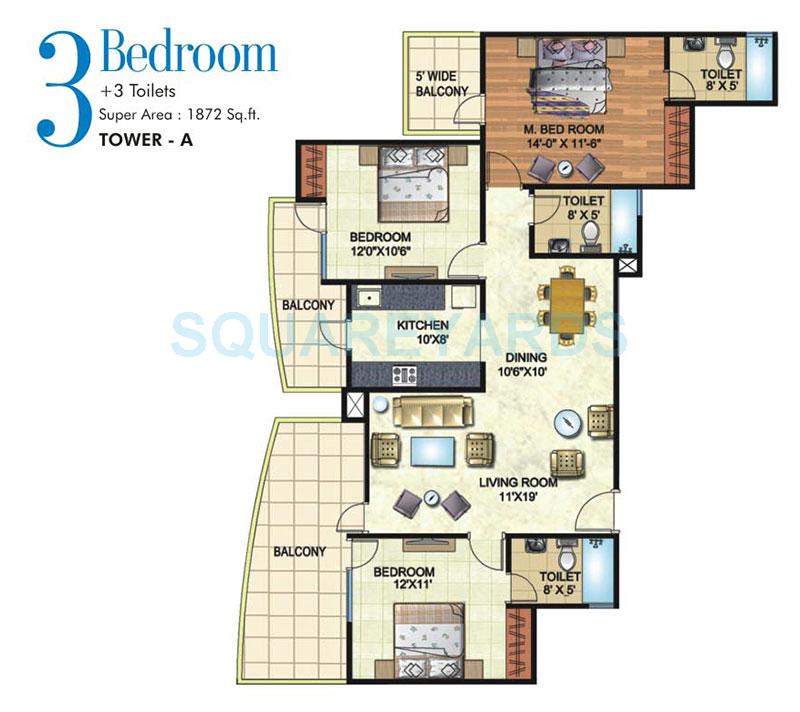 Floor plan of 3 BHK 1872 Sq. Ft. Apartment in Angel Mercury, Ghaziabad
