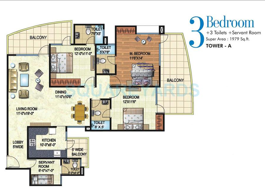 Floor plan of 3 BHK 1979 Sq. Ft. Apartment in Angel Mercury, Ghaziabad