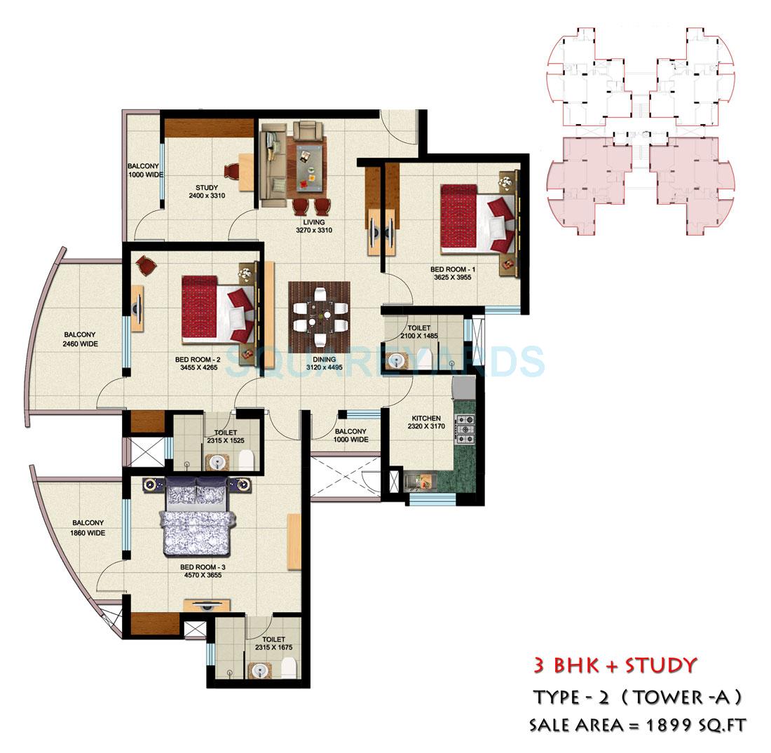 Floor plan of 3 BHK 1898 Sq. Ft. Apartment in Ansal Housing Elegance, Ghaziabad
