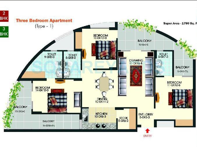Floor plan of 3 BHK 1800 Sq. Ft. Apartment in Apex Acacia Valley, Ghaziabad