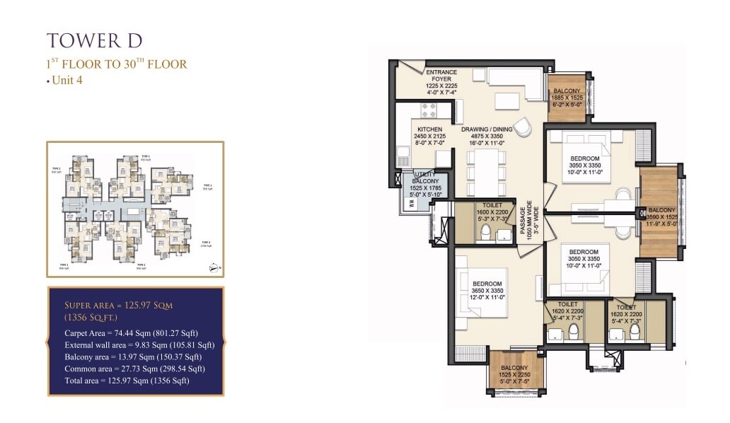 Floor plan of 3 BHK 1356 Sq. Ft. Apartment in Apex Quebec, Ghaziabad
