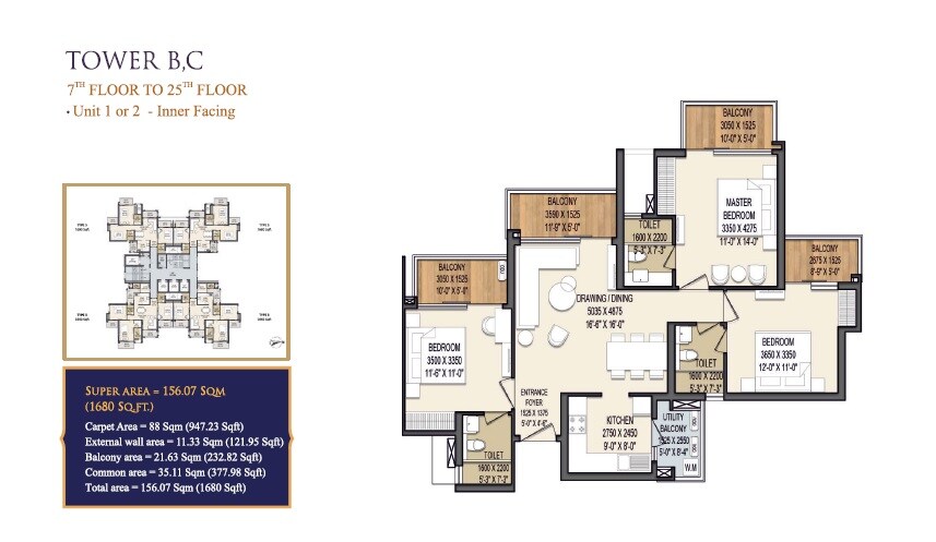 Floor plan of 3 BHK 1680 Sq. Ft. Apartment in Apex Quebec, Ghaziabad