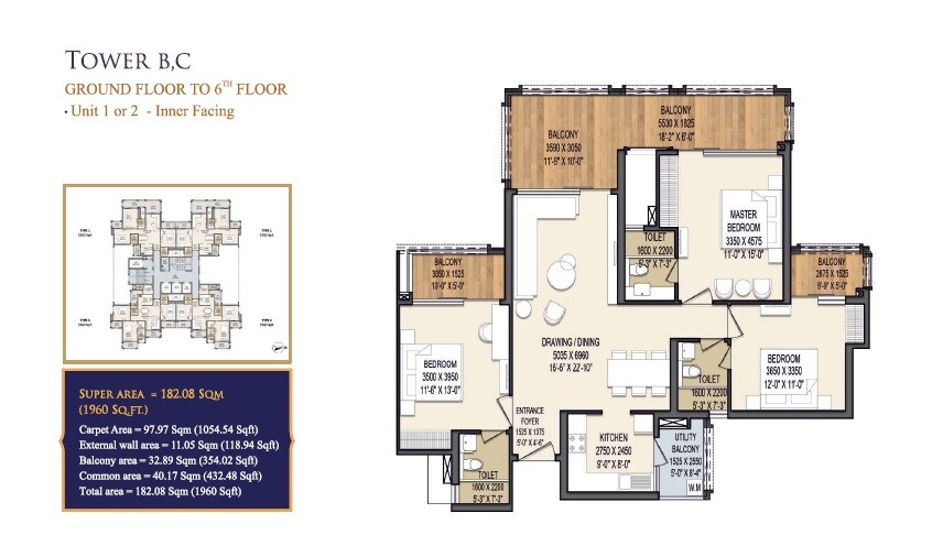 Floor plan of 3 BHK 1960 Sq. Ft. Apartment in Apex Quebec, Ghaziabad