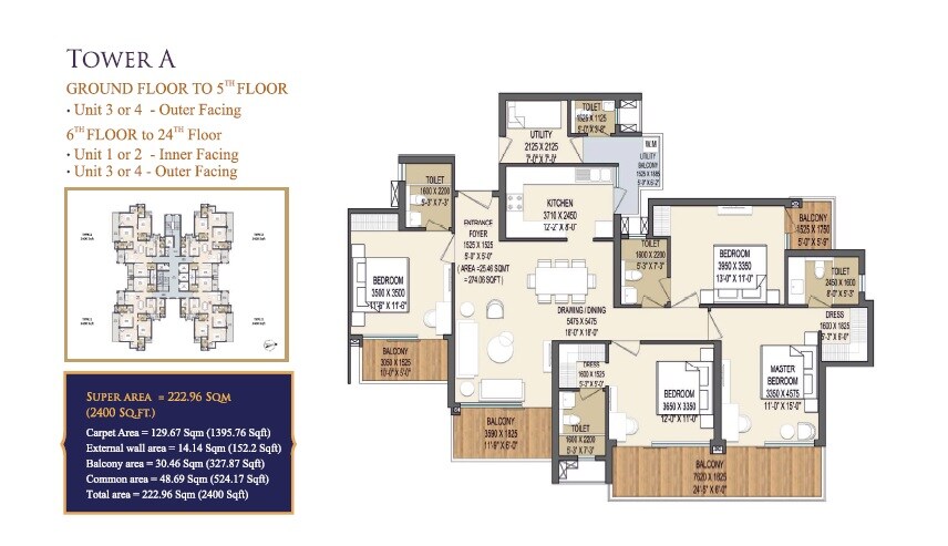 Floor plan of 4 BHK 2400 Sq. Ft. Apartment in Apex Quebec, Ghaziabad