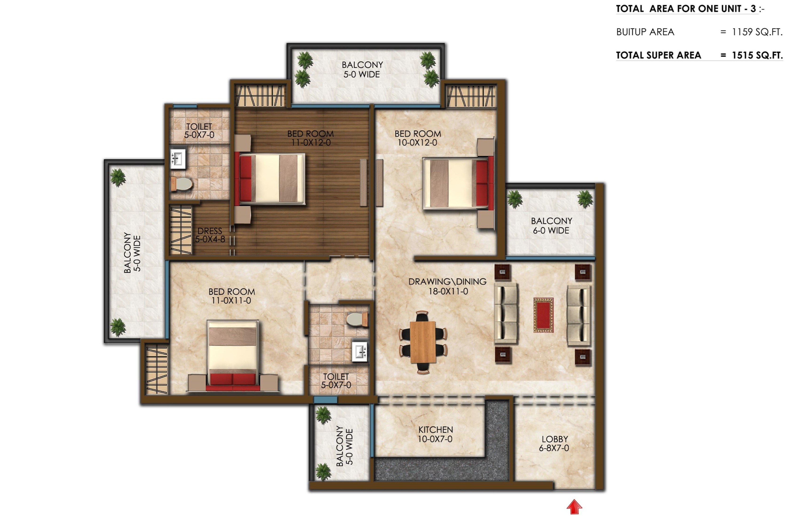 3 BHK 1515 Sq. Ft. Apartment