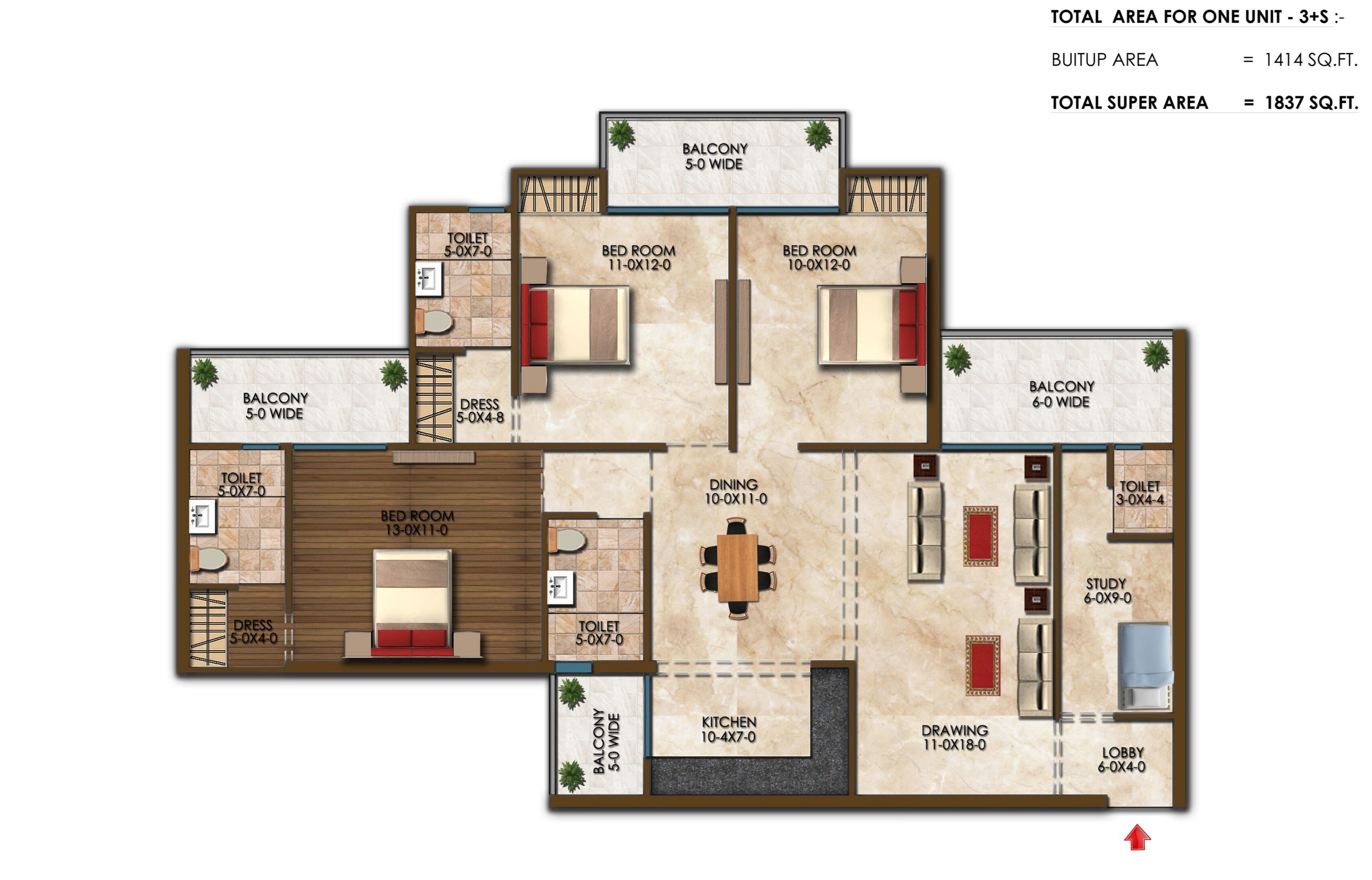 3 BHK 1837 Sq. Ft. Apartment