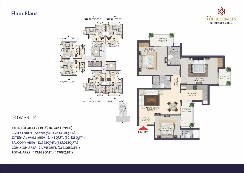 Floor plan of 2 BHK Apartment - 1270 sq. ft. in Apex The Kremlin, Ghaziabad
