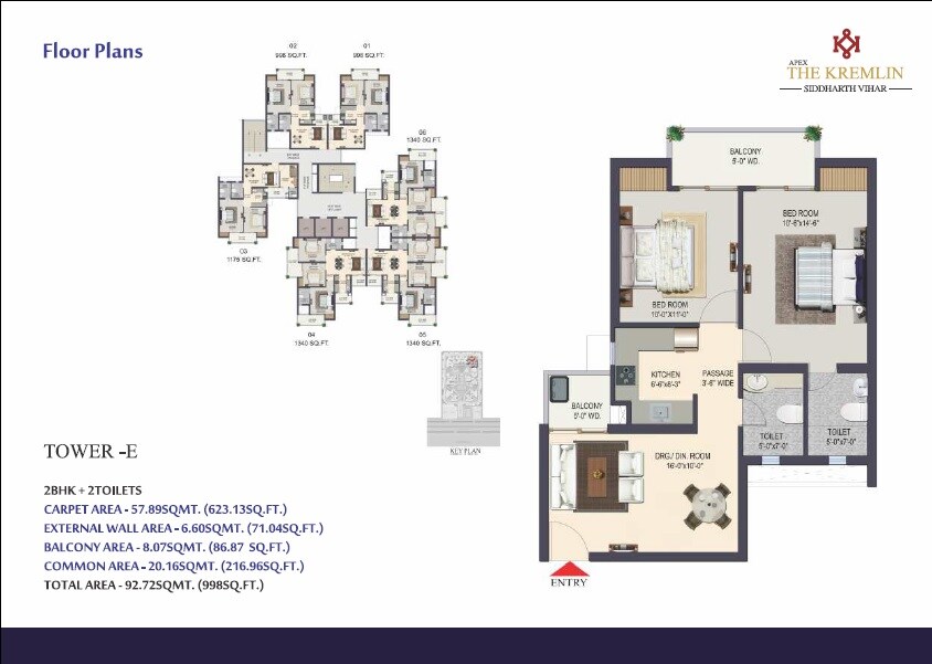 Floor plan of 2 BHK Apartment - 998 sq. ft. in Apex The Kremlin, Ghaziabad