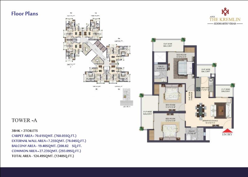 Floor plan of 3 BHK Apartment - 1340 sq. ft. in Apex The Kremlin, Ghaziabad