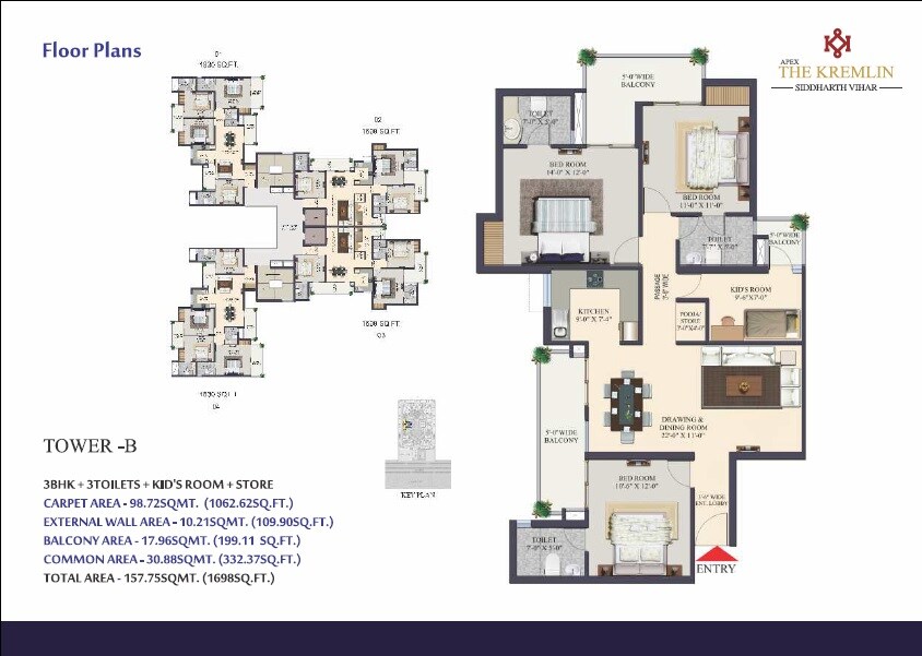 Floor plan of 3 BHK Apartment - 1698 sq. ft. in Apex The Kremlin, Ghaziabad