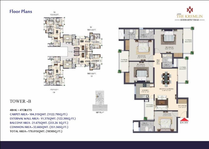 Floor plan of 4 BHK Apartment - 1830 sq. ft. in Apex The Kremlin, Ghaziabad