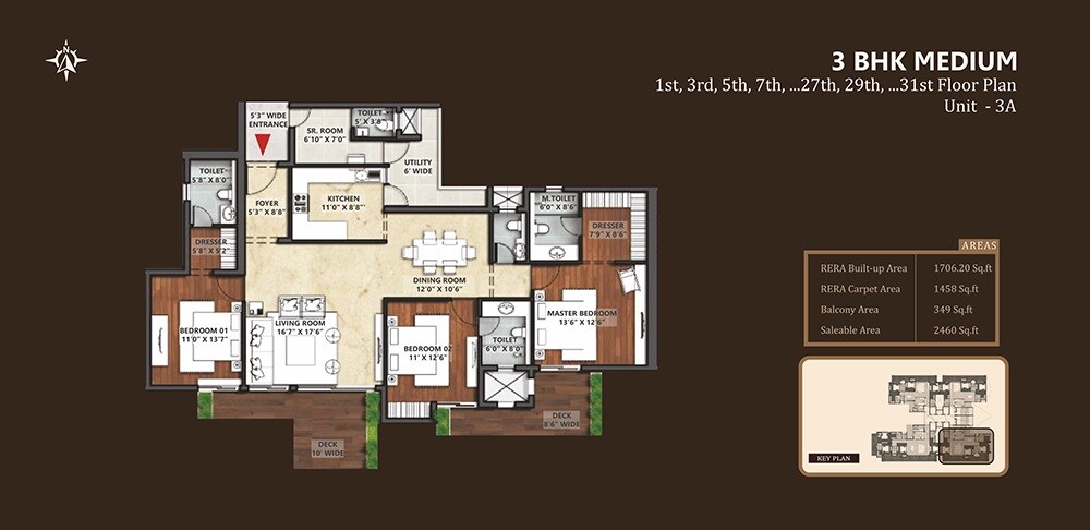 Floor plan of 3 BHK 2460 Sq. Ft. Apartment in Apex The Rio, Ghaziabad