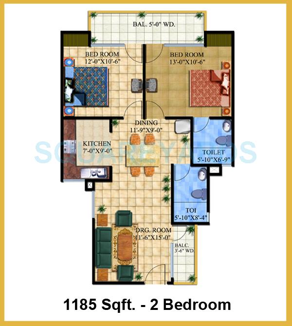 Floor plan of 2 BHK 1185 Sq. Ft. Apartment in AR Elysium Homes, Ghaziabad