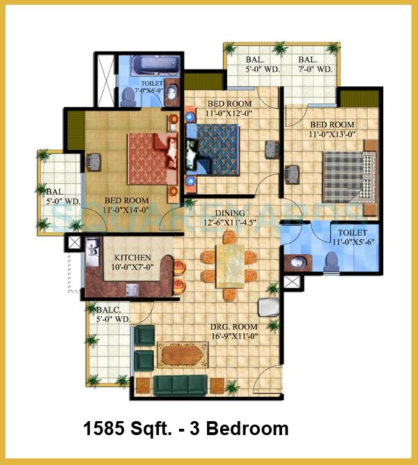 Floor plan of 3 BHK 1585 Sq. Ft. Apartment in AR Elysium Homes, Ghaziabad