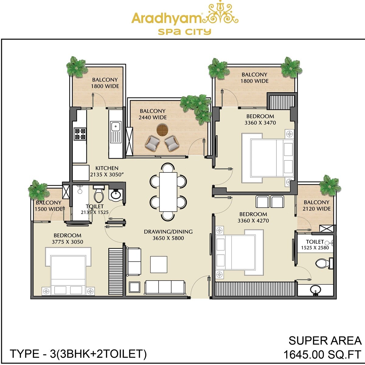 Floor plan of 3 BHK 1645 Sq. Ft. Apartment in Aradhyam Spa City, Ghaziabad