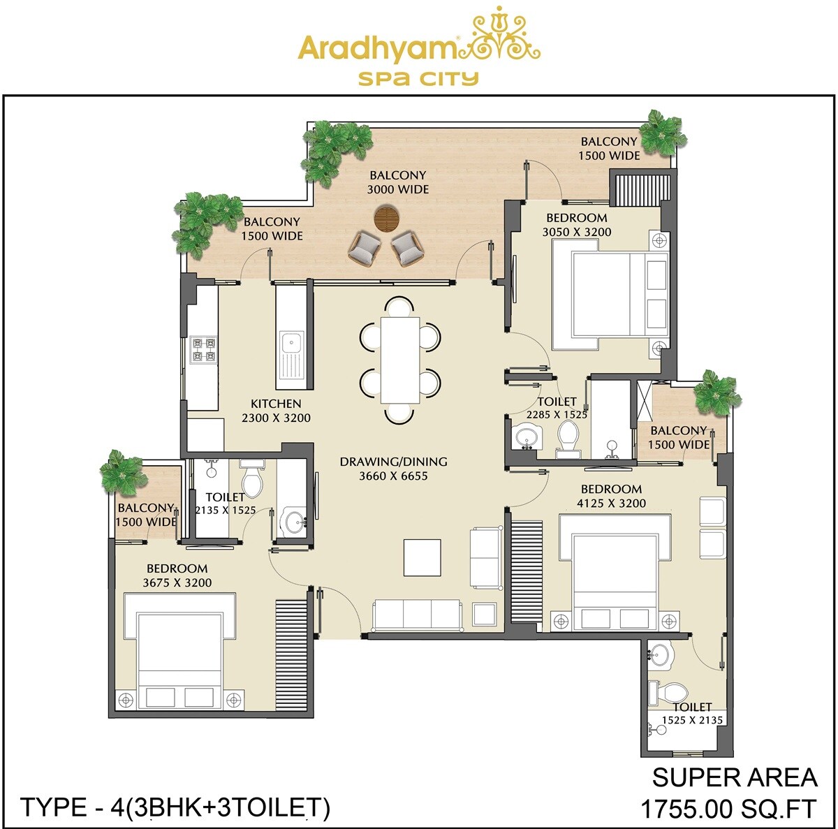 Floor plan of 3 BHK 1755 Sq. Ft. Apartment in Aradhyam Spa City, Ghaziabad