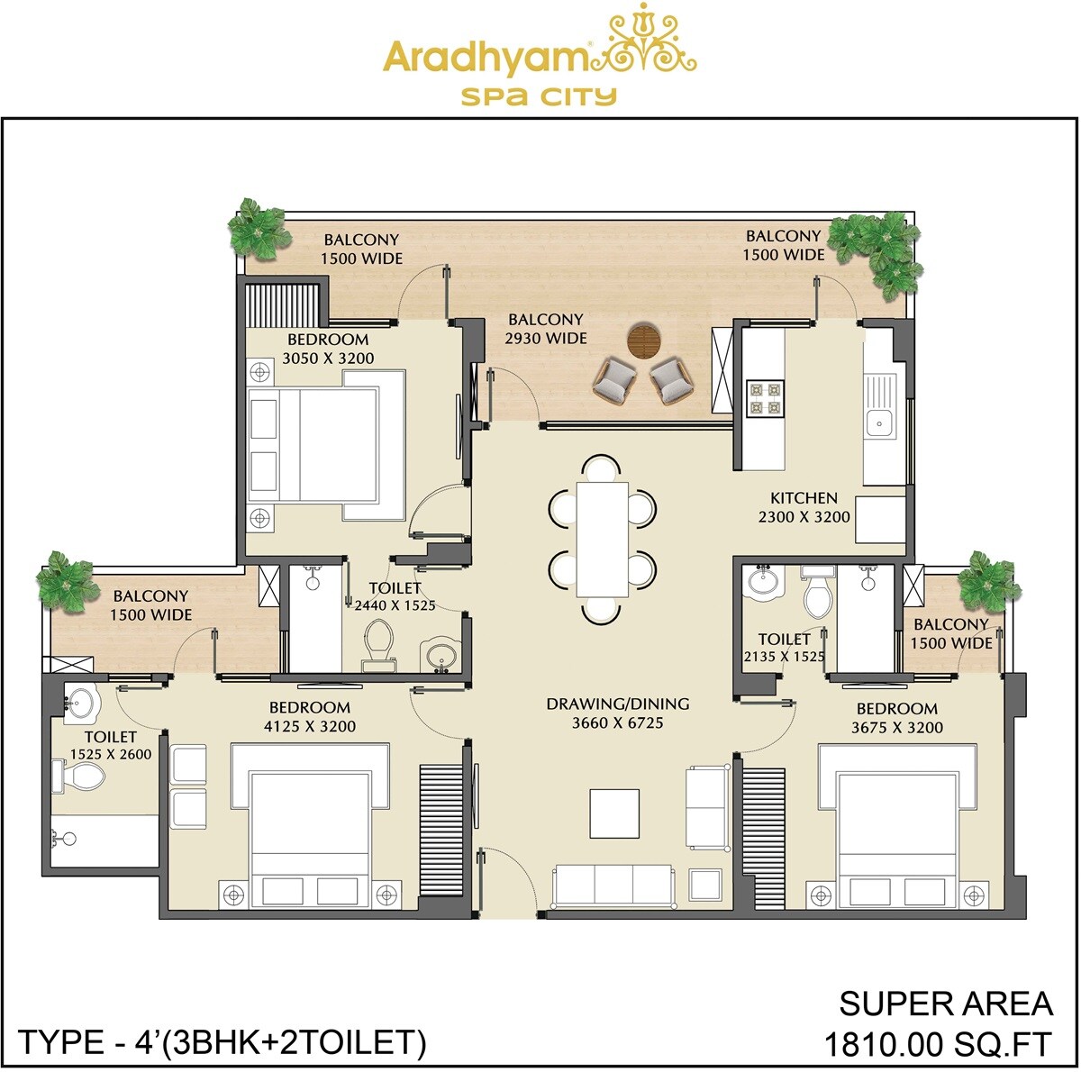 Floor plan of 3 BHK 1810 Sq. Ft. Apartment in Aradhyam Spa City, Ghaziabad