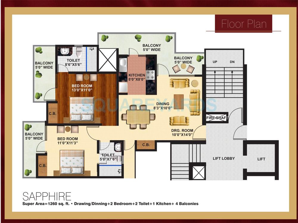 Floor plan of 2 BHK 1260 Sq. Ft. Apartment in Arihant Ambience, Ghaziabad