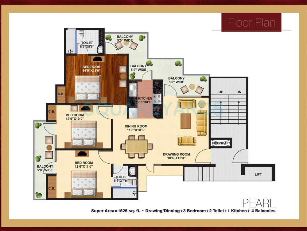 Floor plan of 3 BHK 1525 Sq. Ft. Apartment in Arihant Ambience, Ghaziabad