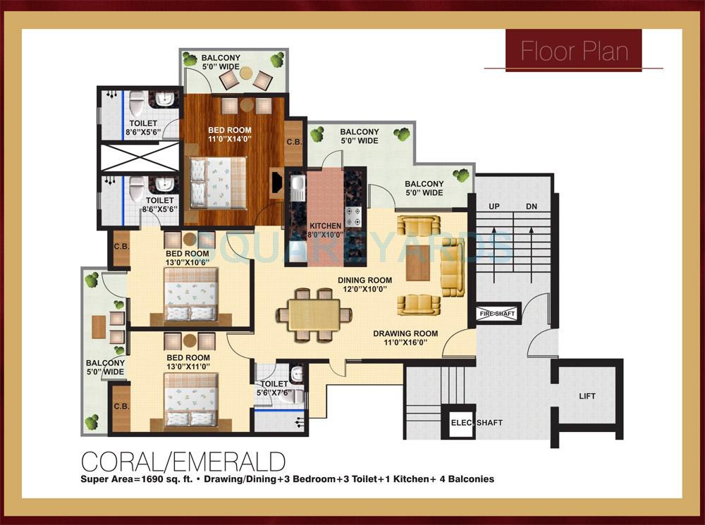 Floor plan of 3 BHK 1690 Sq. Ft. Apartment in Arihant Ambience, Ghaziabad