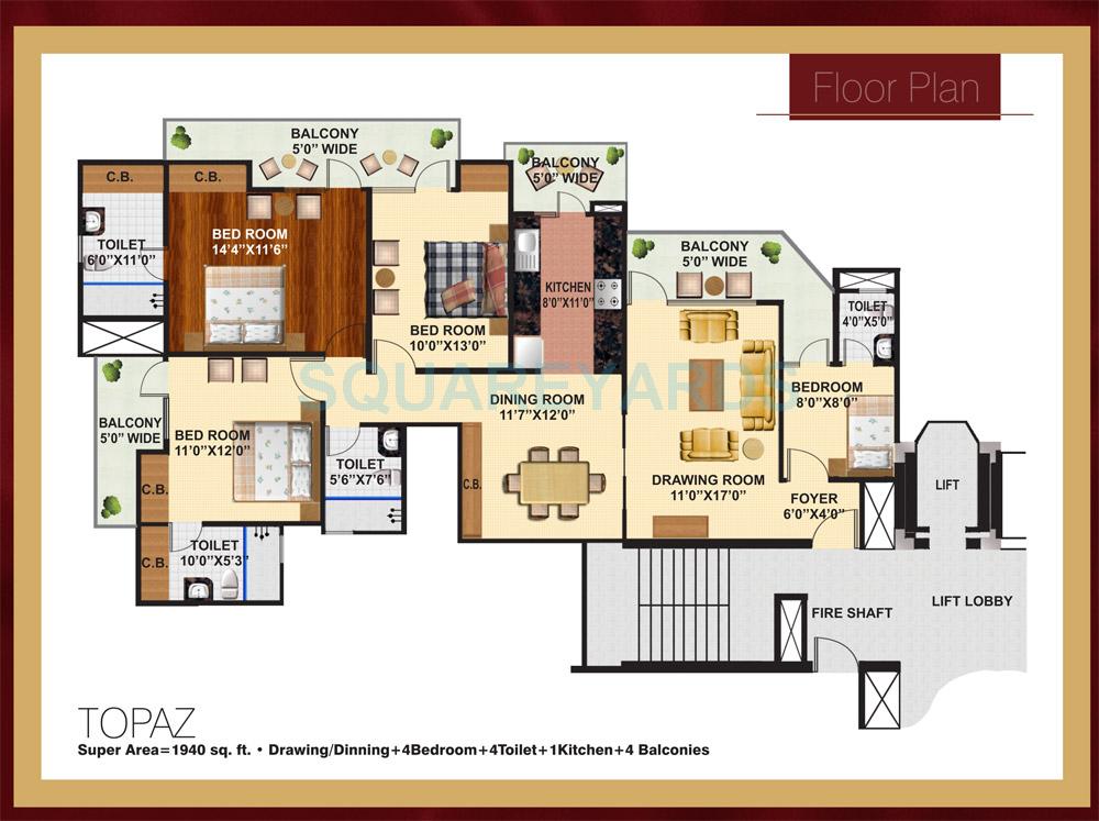 Floor plan of 4 BHK 1940 Sq. Ft. Apartment in Arihant Ambience, Ghaziabad