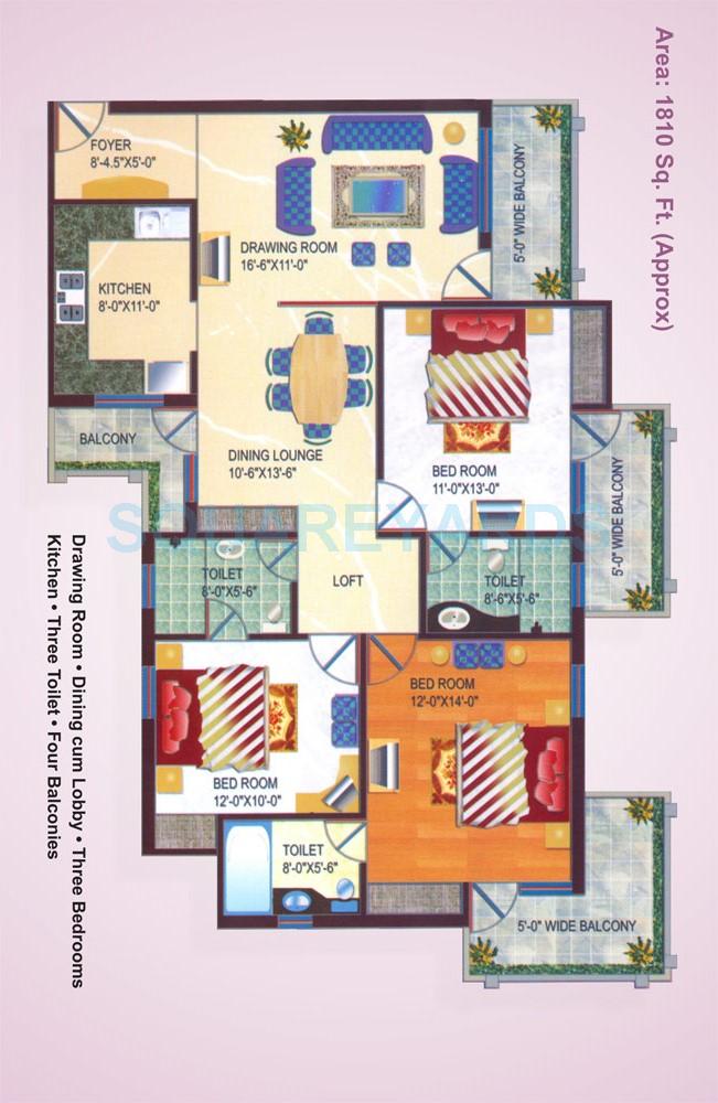 Floor plan of 3 BHK 1810 Sq. Ft. Apartment in Arihant Harmony, Ghaziabad