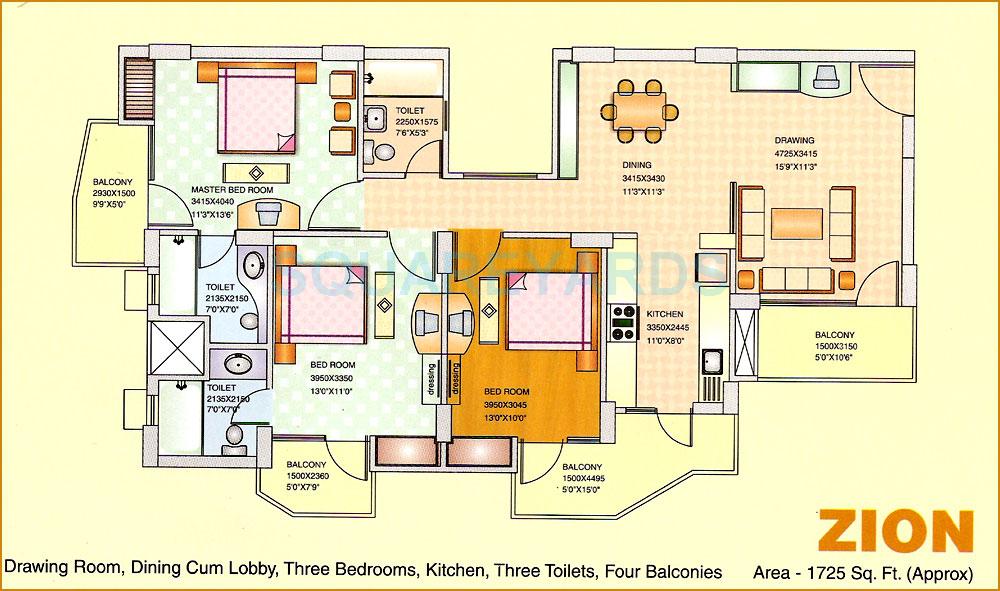 Floor plan of 3 BHK 1725 Sq. Ft. Apartment in Arihant Paradiso, Ghaziabad