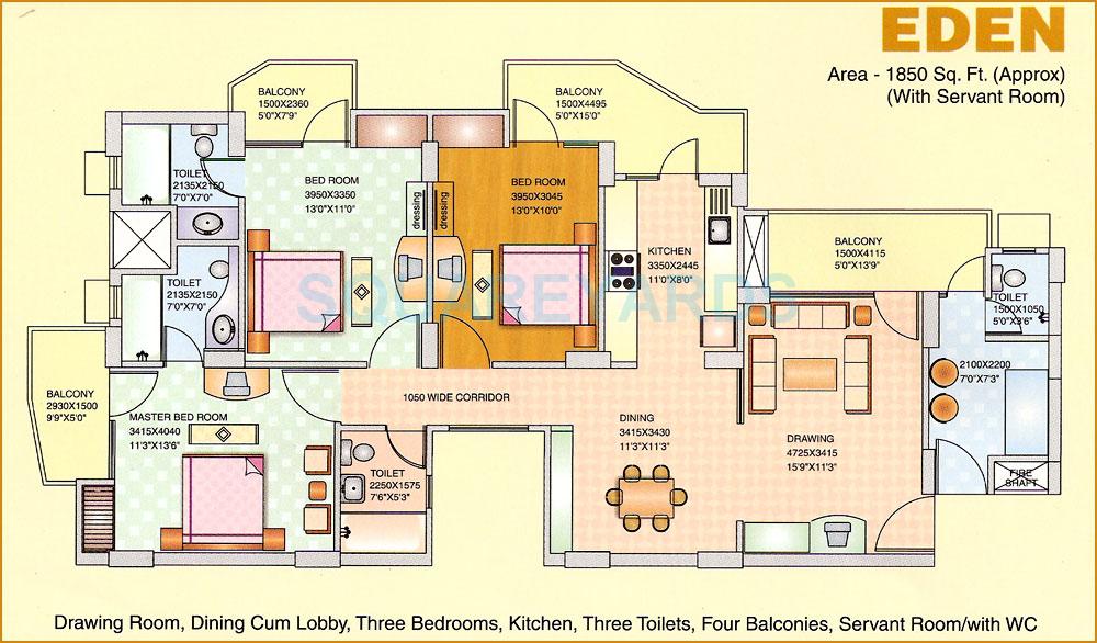 Floor plan of 3 BHK 1850 Sq. Ft. Apartment in Arihant Paradiso, Ghaziabad