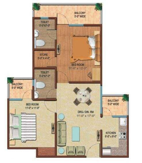 Floor plan of 2 BHK 1175 Sq. Ft. Apartment in Ascent Palm Heights, Ghaziabad