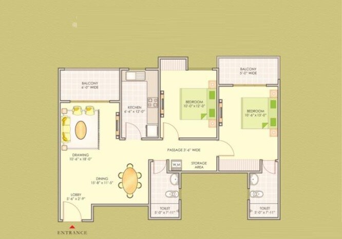 Floor plan of 2 BHK 1250 Sq. Ft. Apartment in Ashiana Green, Ghaziabad
