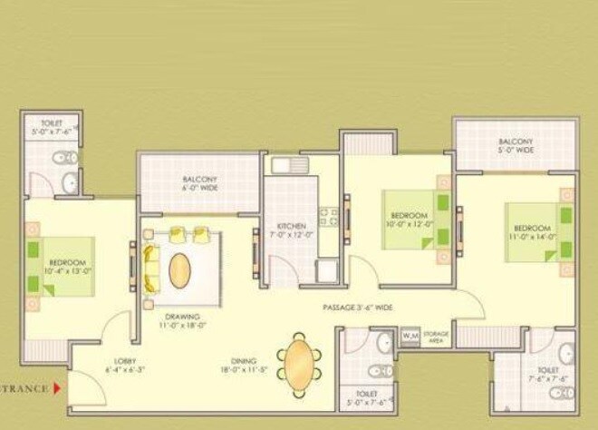 Floor plan of 3 BHK 1600 Sq. Ft. Apartment in Ashiana Green, Ghaziabad